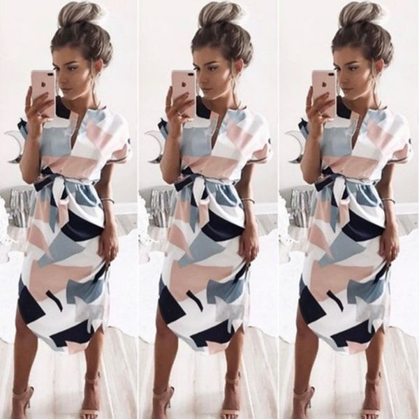 

women's v-neck square print medium length dress women dresses, Black;gray