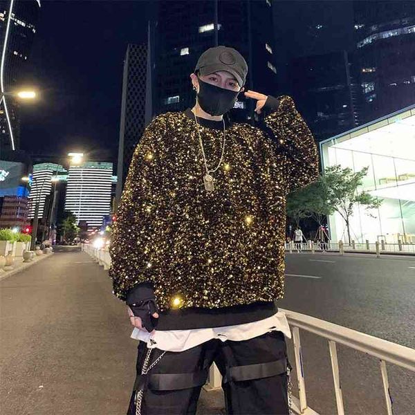 

men's hoodies & sweatshirts twinkling colors sequins reflective loose hip-hop pullovers singer team stage christmas party ahc, Black