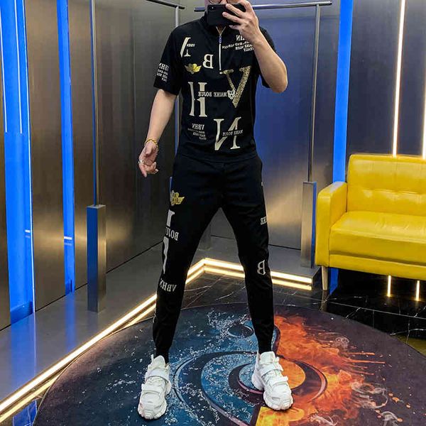 

hoodies summer short-sleeve suits of fried men trend drill impression korean shirt loose two pieces together, Black