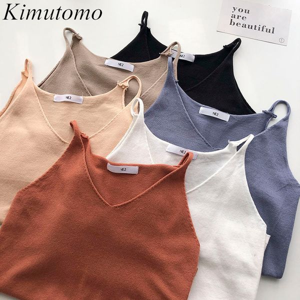 

kimutomo solid chic camis women summer hong kong style female v-neck sleeveless slim knit outwear casual 210521, White