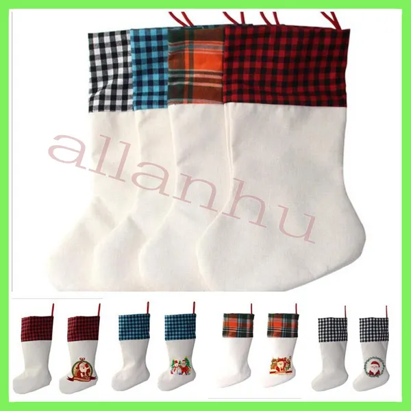 Sublimation Plaid Weihnachtsstrumpf Leinen Weiße Süßigkeiten Socken Weihnachtsmann Geschenktüte Weihnachtsbaum Oranment Festival Supplies für Kind 5912