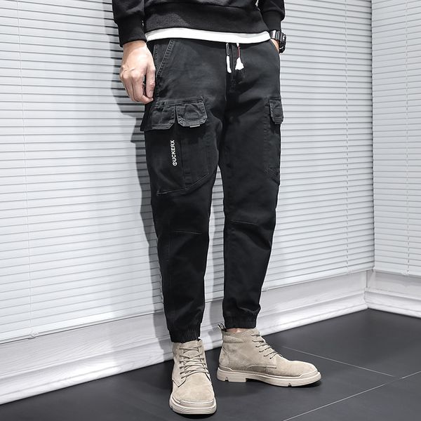 

jeans newly designer fashion men jeans multi pockets casual overall cargo pants streetwear hip hop joggers wide leg baggy trousers, Blue
