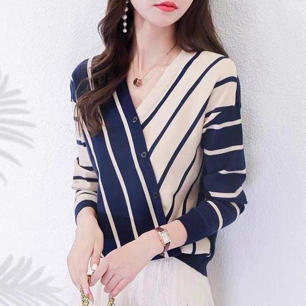 

women's sweaters striped knitwear autumn v-neck patchwork knitted pullover office lady long sleeve elasticity loose sweater, White;black