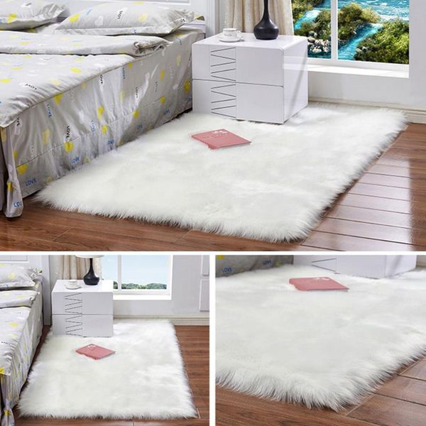 

carpets rectangle soft faux sheepskin fur area rugs floor shaggy silky plush carpet white rug bedside for bedroom