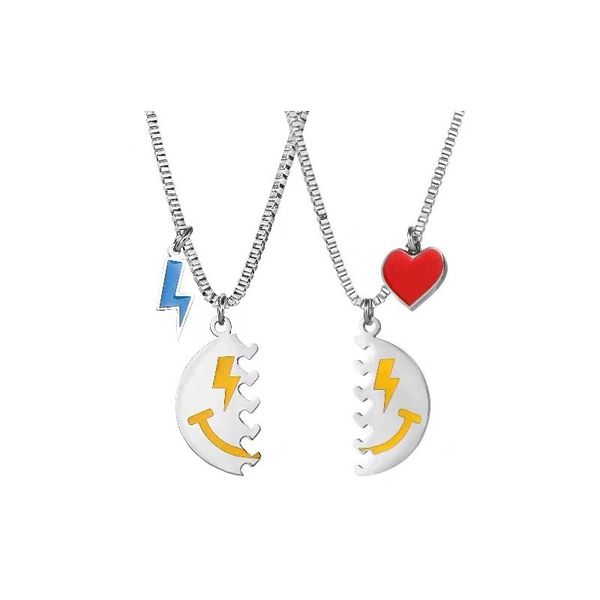 

design jewelry tiktok, the same smiling face, lightning, love necklace, hip-hop drew style, couple combination clavicle chain tide., Silver