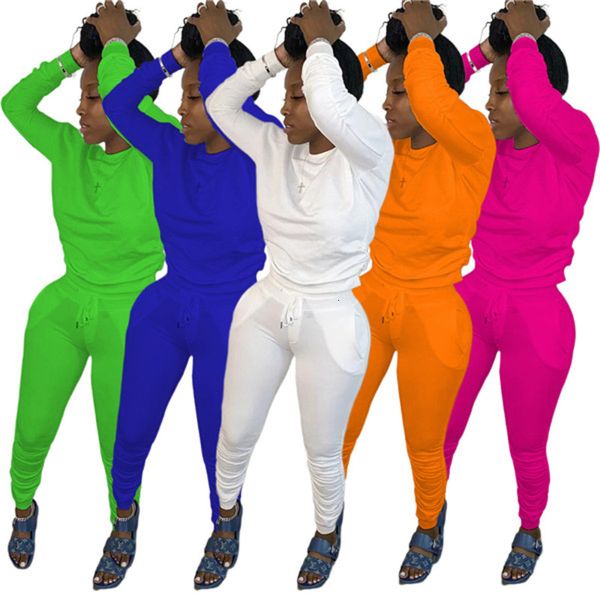 

women stacked tracksuits fashion casual solid o neck long sleeve 2 two piece sets new, Gray