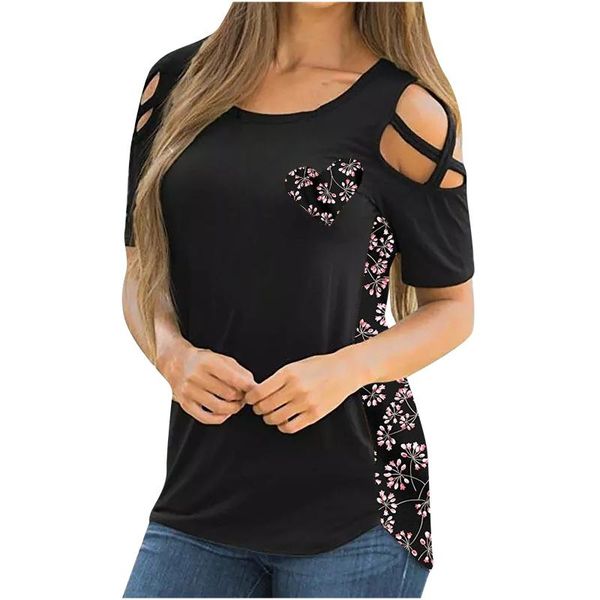 

women's t-shirt women flowers print strapless o-neck sling short sleeve summer clothes for femme, White