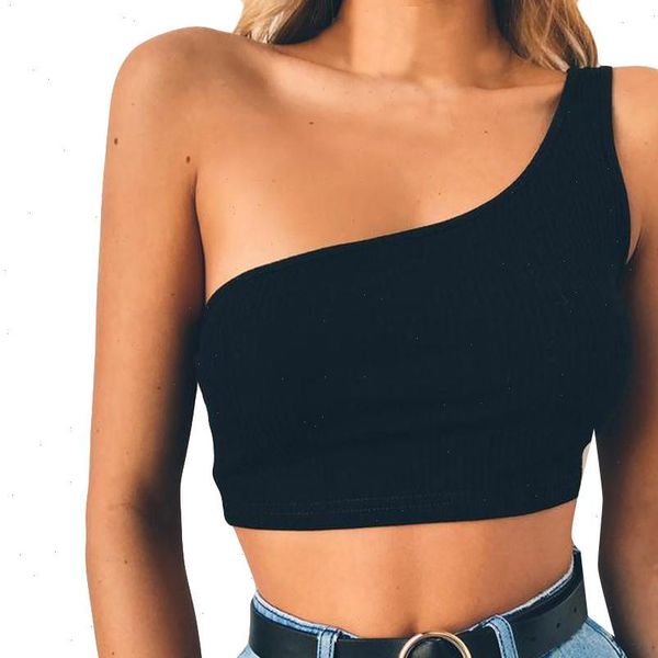 

fashion black one shoulder vest womens camis summer solid colour blouse cotton camisole sleeveless t shirt w3, White
