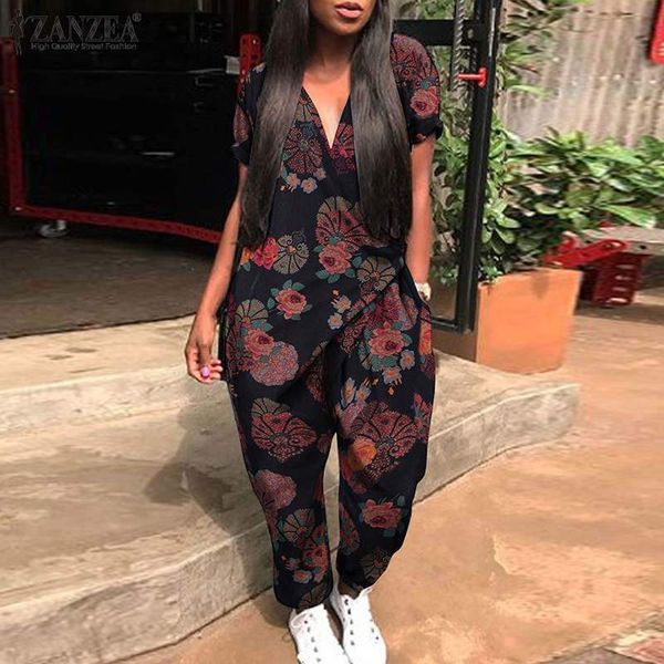 

kaftan printed jumpsuits womens summer overalls zanzea 2021 casual button floral playsuits female drop-crotch romper oversized, Black;white