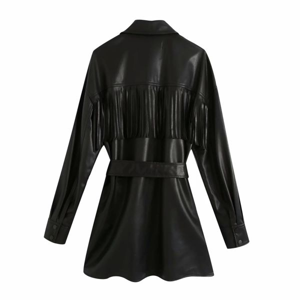 

vintage female outerwea chic bow sashes tassel leather jacket women fashion button-up side open coat elega, Black