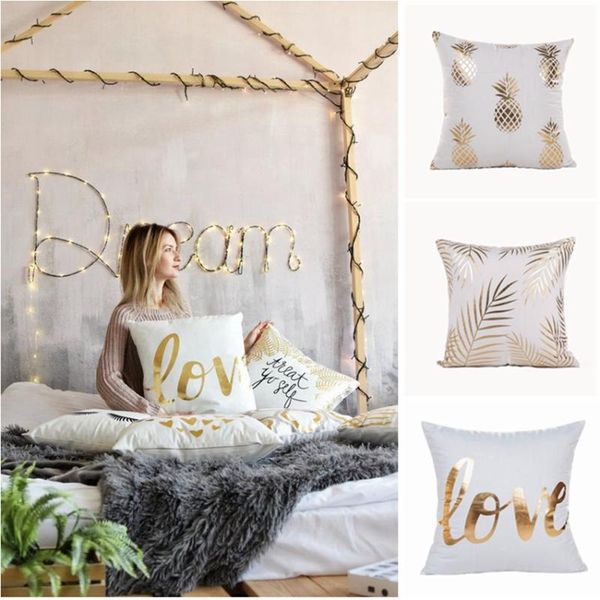 

cushion/decorative pillow ins fresh white gold foil pillowcase leaves love cushion decorative home decor sofa throw almofadas decorativas pa