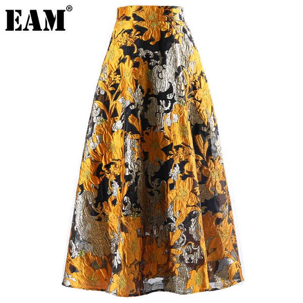 

[eam] high elastic waist yellow big size embroidered long half-body skirt women fashion spring autumn 1dd6419 21512, Black