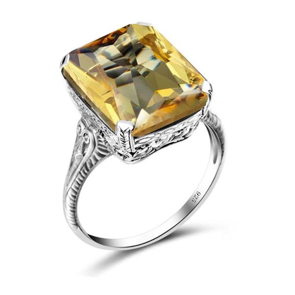 

cluster rings szjinao real 925 sterling silver citrine ring square gemstone fine jewelry engrave handmade bohemia for women, Golden;silver