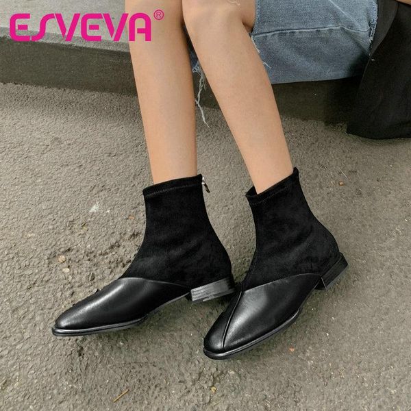 

boots esveva 2021 mixed color square low heel pu leather ankle women shoes round toe fashion platform size 34-43, Black