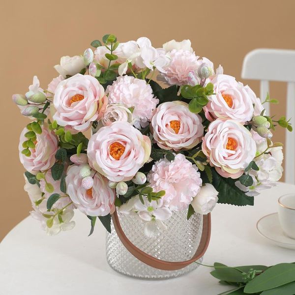 

decorative flowers & wreaths artificial silk round rose bouquet simulation fake wedding family garden christmas decor accessories