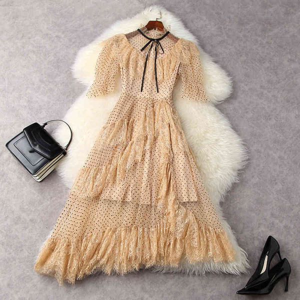 

casual dresses spring 1/2 half sleeve round neck khaki / pink polka dot tulle lace panelled ruffle mid-calf dress elegant lf2511851 r6wt, Black;gray