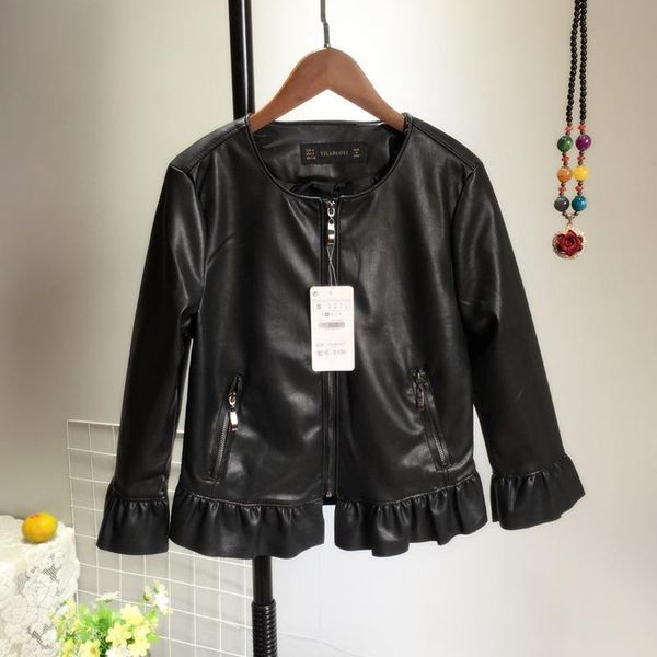 

women's leather & faux short jacket with lace round collar soft pu female leisure coat coats autumn, Black