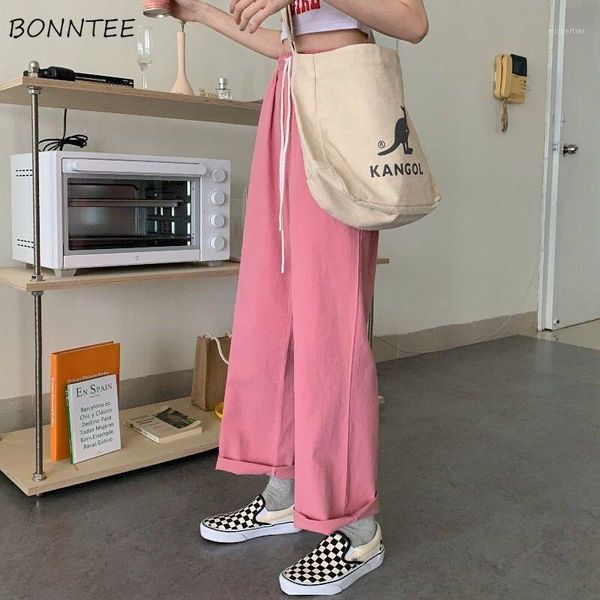 

women's pants & capris women solid wide leg trousers elastic waistband lace up all-match female korean style autumn casual full-length, Black;white