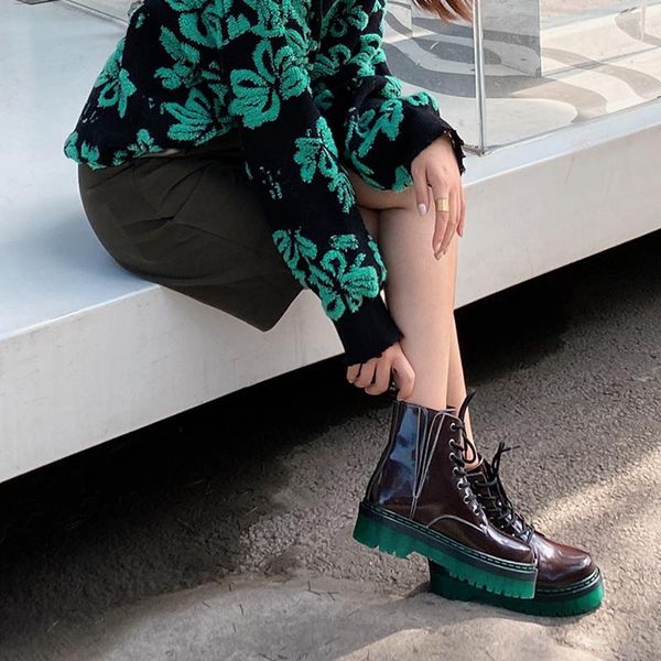 

boots haraval platform women thick bottom patent leather ankle flat lace up fashion shoes black e126l