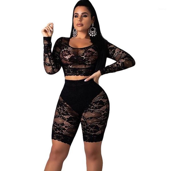 

floral lace two piece set women see through long sleeve crop and shorts suit nightclub party matching 2 outfits women's tracksuits, Gray