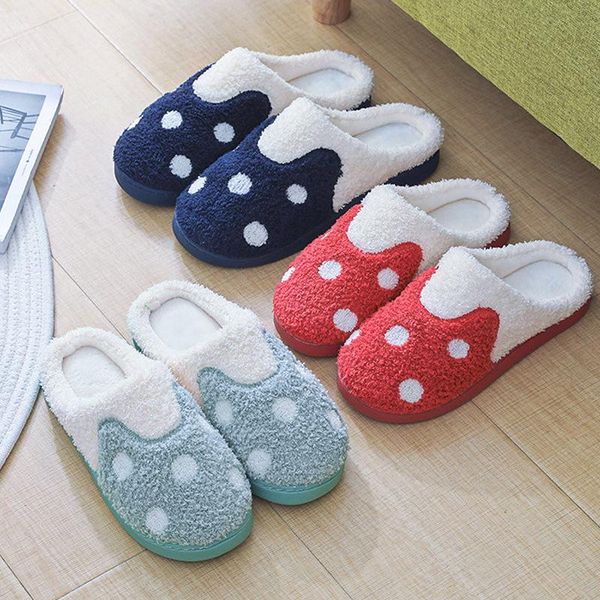 

plush warm flat slippers couple winter fashion soft stuffed non-slip floor cotton shoes women causal cute polka dot home slides, Black