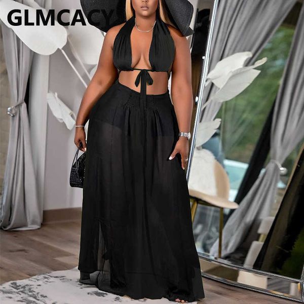 

two piece summer beach suits halter bra & chiffon maxi skirt set 210702, White