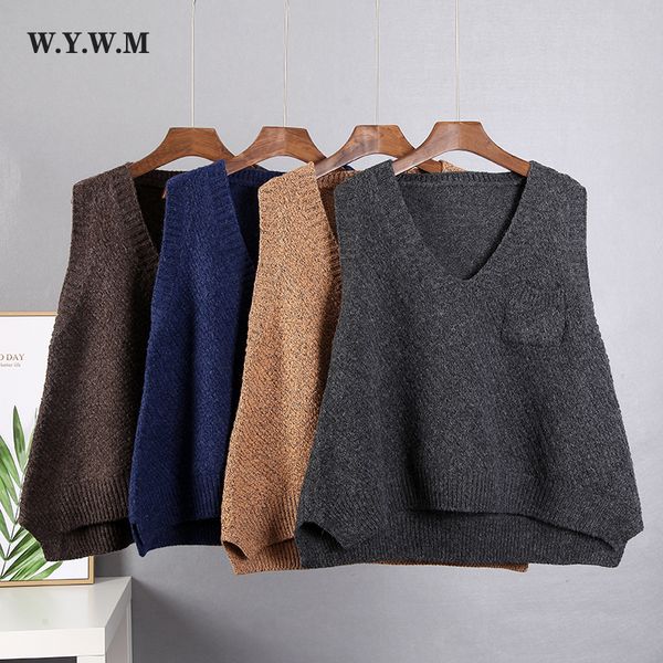 

spring casual loose sweater vest female v-neck sleeveless vintage sweater women pocket decorative knitted pullover sweater vest, White;black
