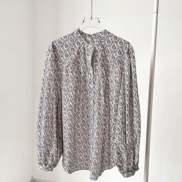 

women's blouses & shirts woman floral print cotton shirt round neck long sleeves front buttons fashion blouse 2021ss, White