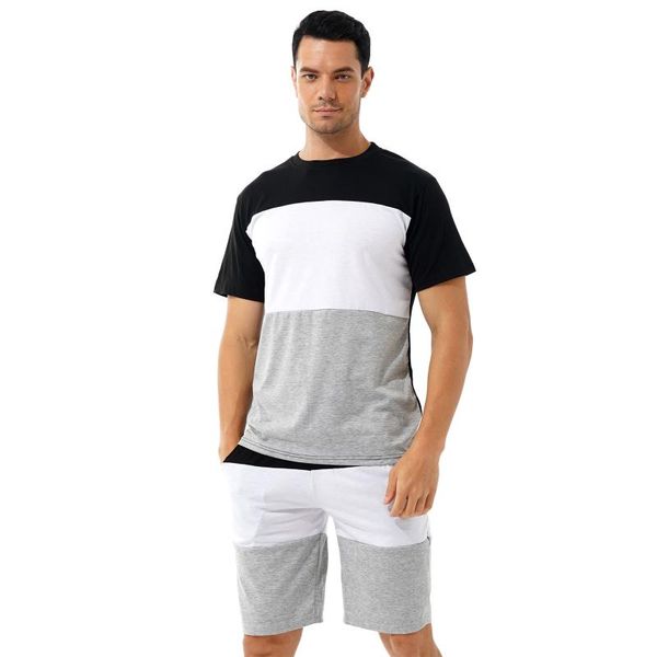

running sets mens fitness color block two-piece sport outfit casual tracksuit crew neck short sleeve t-shirt with drawstring shorts, Black;blue