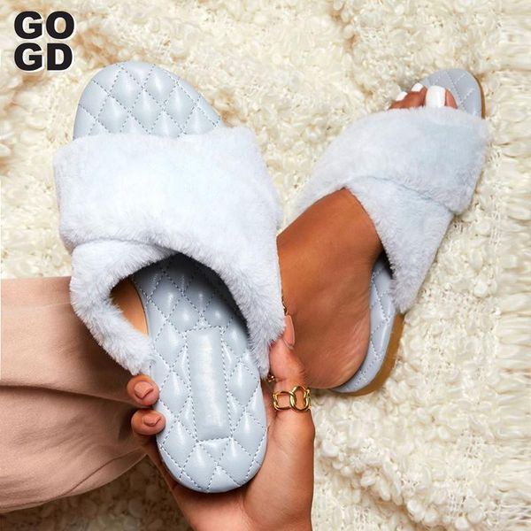 

[gogd] plush women slippers 2021 plus size winter flat indoor women's shoes fur, Black