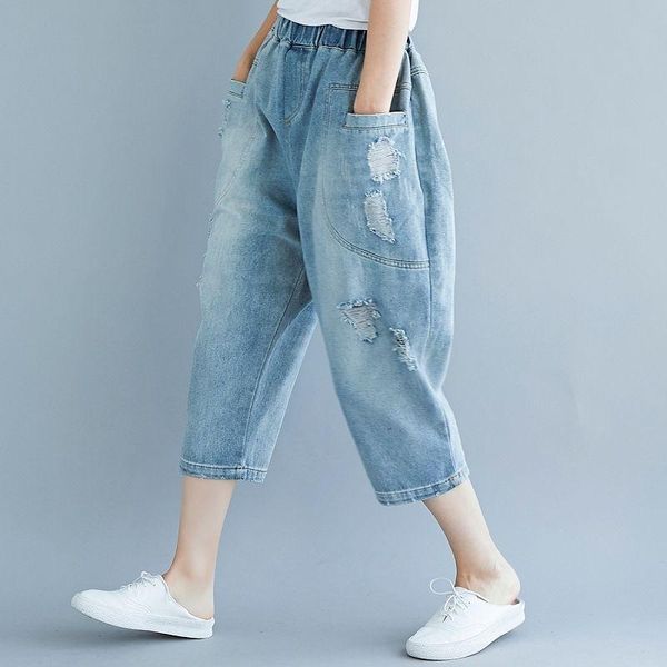 

women's jeans 2021 arrival summer women casual hole design calf-length pants elastic waist cotton denim loose harem p47, Blue