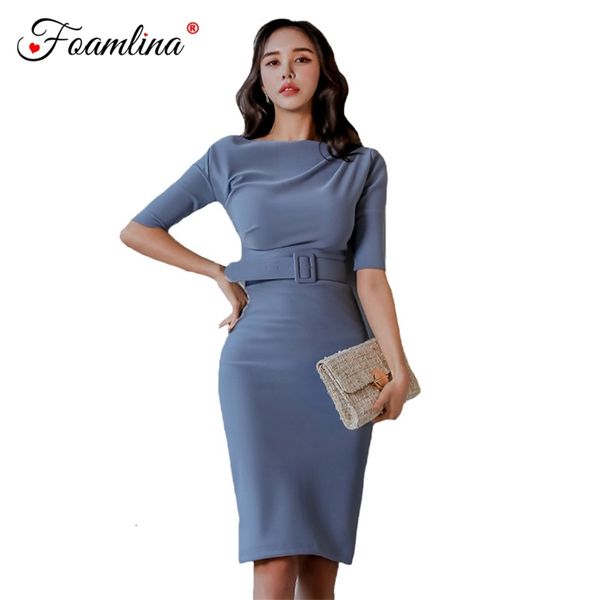 

woman dress blue slash neck short sleeve bodycon belted knee length casual work party 210603, Black;gray