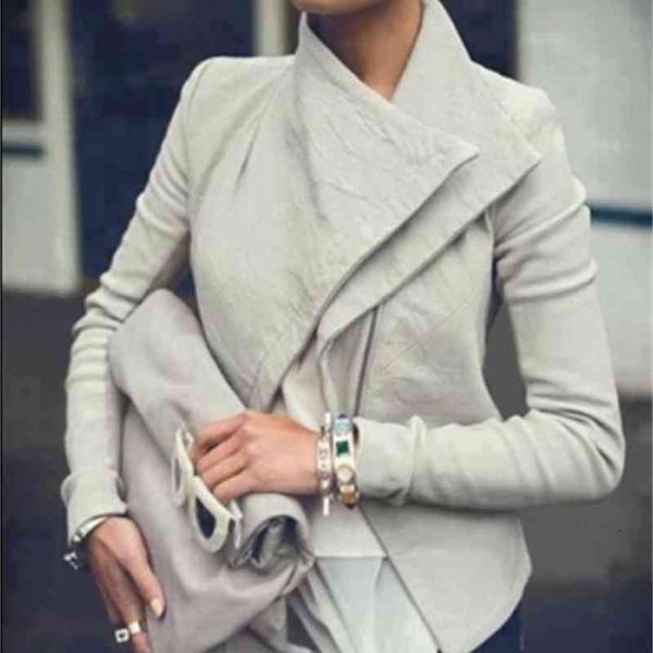 

women's leather & faux europe trendy design chic jacket women solid black/silver wide biker lapel long sleeve autumn short jackets coat