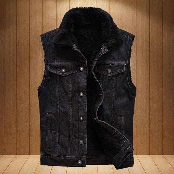 

cotton jeans vest men fashion sleeveless denim jacket winter warm brand male fleece cowboy waistcoat hip hop streetwear men's vests, Black;white