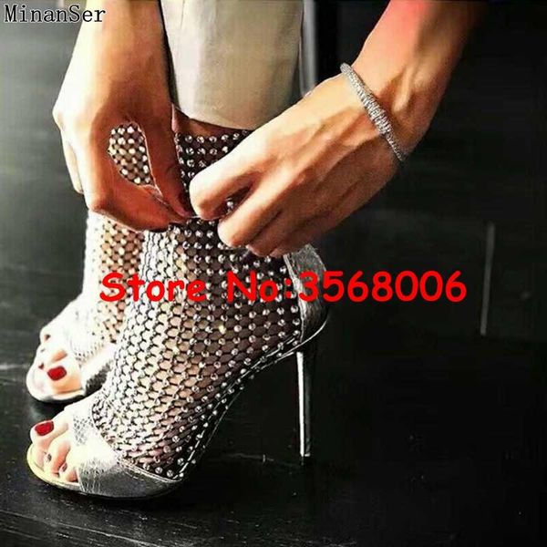 

peep toe cut-out ankle booties crystal embellished lady mesh high heels stiletto celebrity brand woman buckle strap sandals, Black