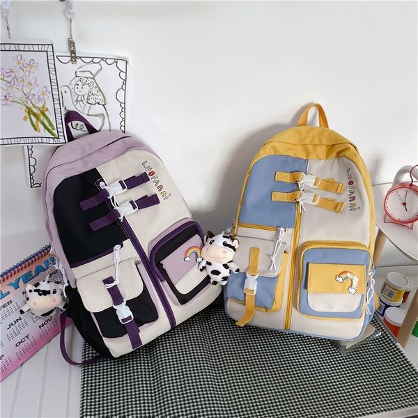 

contrast color women backpack kawaii teenage girls university school bags waterproof daypack with many pockets