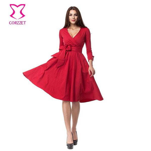 

casual dresses vintage hepburn dress big bow belt three quarter sleeves red / black cotton autumn plus size club wear rockabilly, Black;gray