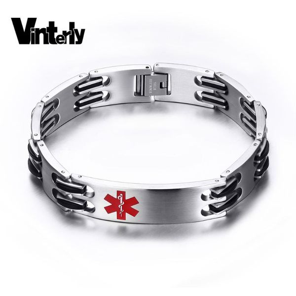 

vinterly men alert id bracelet fashion jewelry rock punk black silicone stainless steel bangles for link, chain