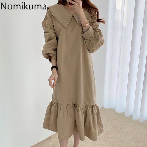 

nomikuma korean harajuku dresses women turn down collar long sleeve casual loose dress female solid color vintage fashion robe 210514, Black;gray
