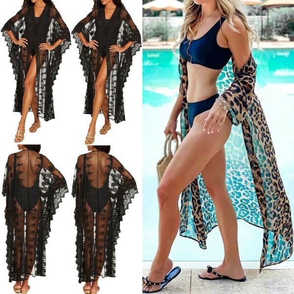 

fashion casual womens lace crochet bikini beachwear cover up beach dress summer bathing suit mesh leopard cardigan women's swimwear, White;black