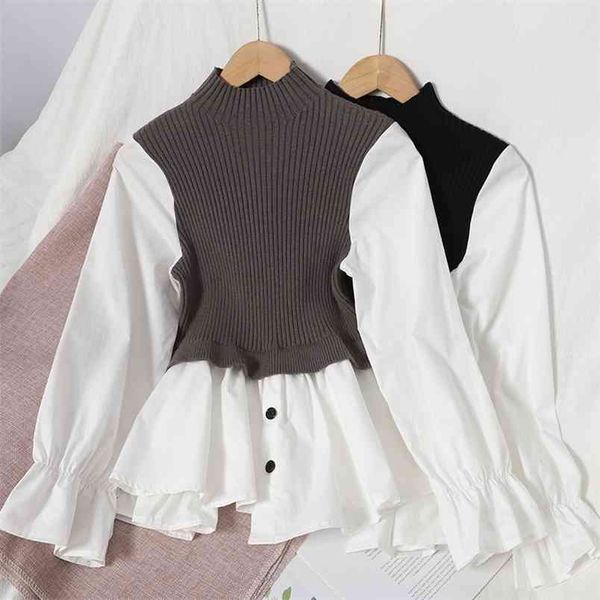 

women panelled patchwork knitted shirt fake two piece all-match femme blusas chic button slim fit female blouses dark gray pl504 210506, White