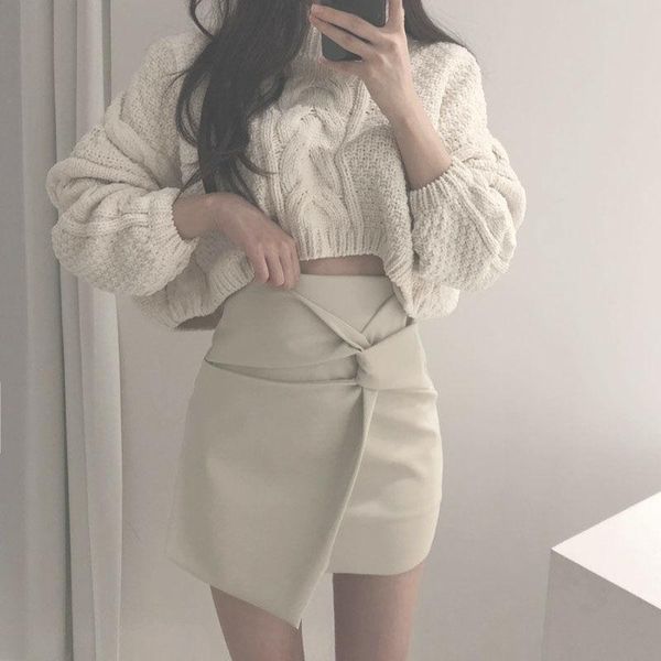 

skirts obrix trendy chic female skirt faux leather assymetric length short high waist for women, Black