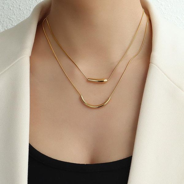 

pendant necklaces yaonuan 2pcs gold plated necklace for women round tube like a smile titanium steel clavicle snake chain fashion jewelry, Silver