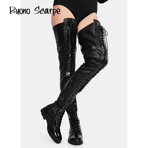 

boots night club cross tied over the knee patent leather flat shoes for women's round toe lace up high botas, Black