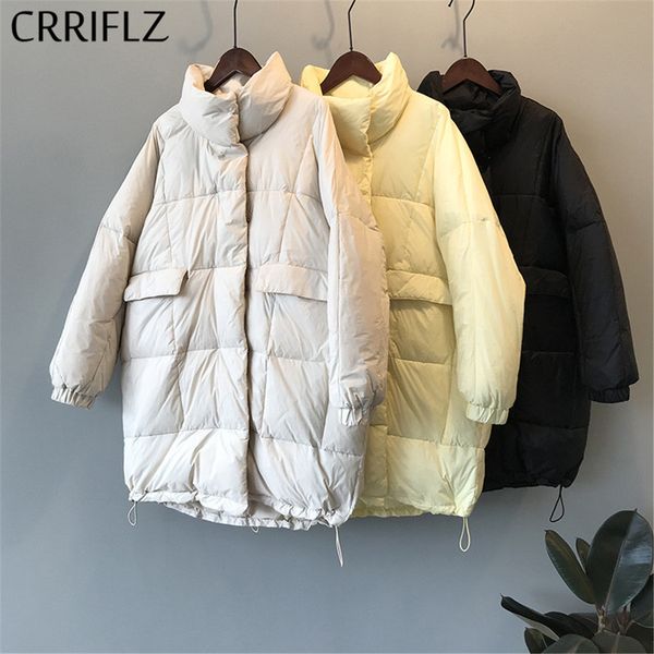 

autumn winter causal solid white duck down jacket women medium long stand collar oversize parka chic coat female 210520, Black