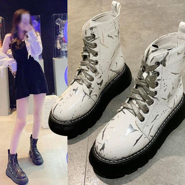 

boots women's ankle thick bottom non-slip lace up female shoes autumn pu leather round toe motorcycle lady footwear 2021, Black