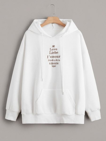 

plus letter embroidery kangaroo pocket drawstring thermal hoodie 34ua#, Black