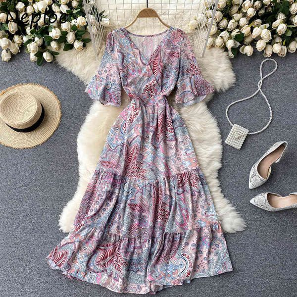 

neploe v neck puff short sleeve dress women vintage print high waist hip a line vestidos summer slim long robe 210510, Black;gray