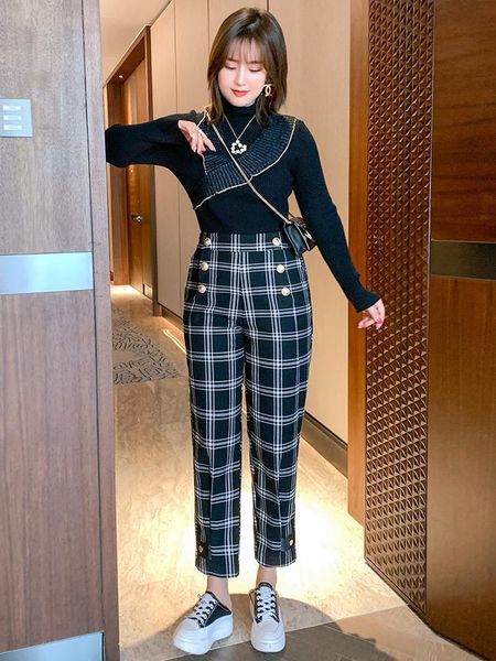 

retro chic case grain of tall waist double row metal buttons loose casual pants women's winter plus large size two piece, White