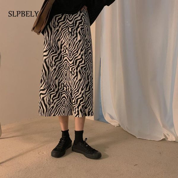

women zebra print knitted skirt high waist split casual skirts for femmal midi length vintage ladies streetwear 2021, Black